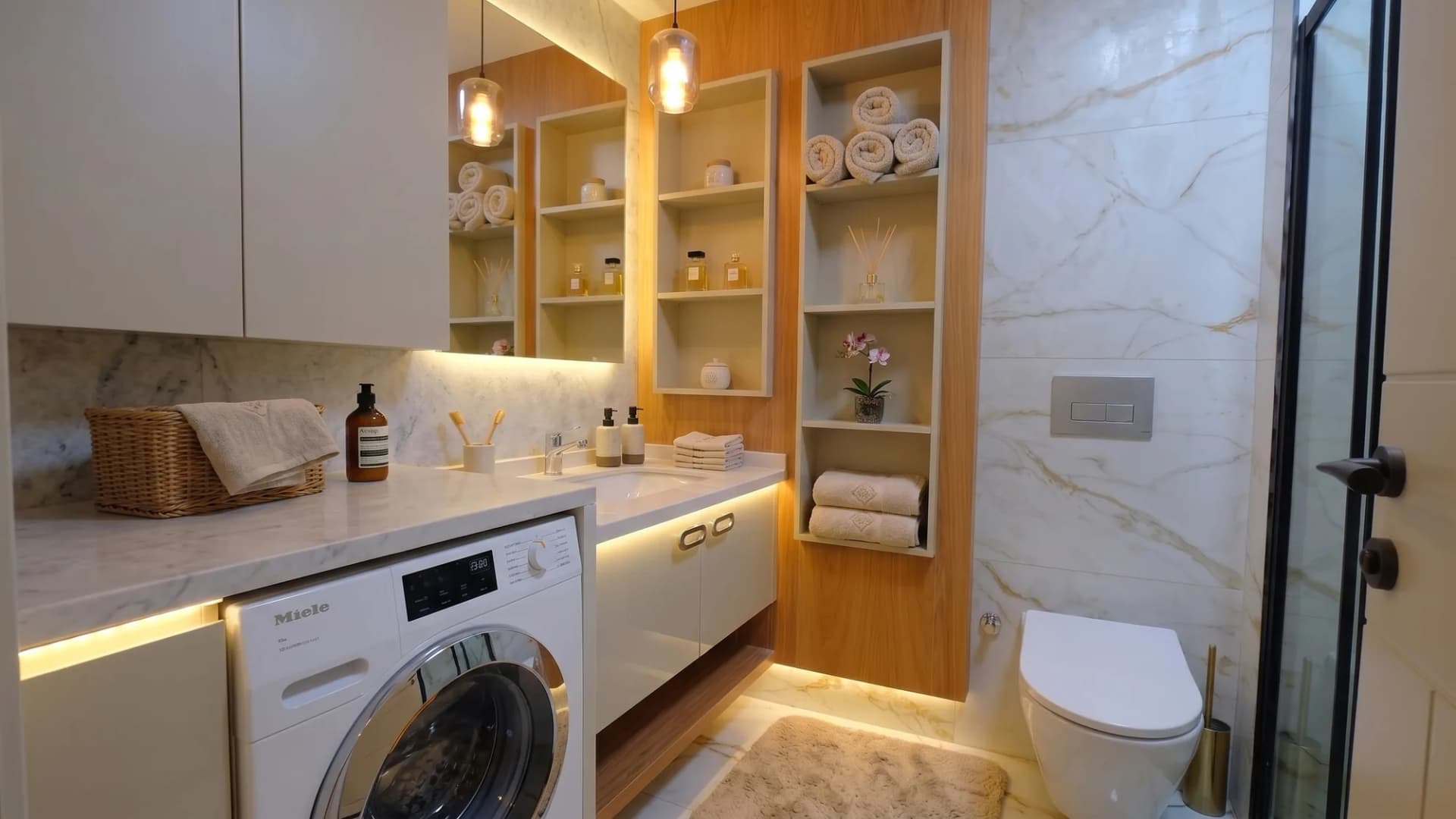 Laviva Trivium dairesinde çamaşır makinesi ve gömme rafları bulunan banyo görünümü